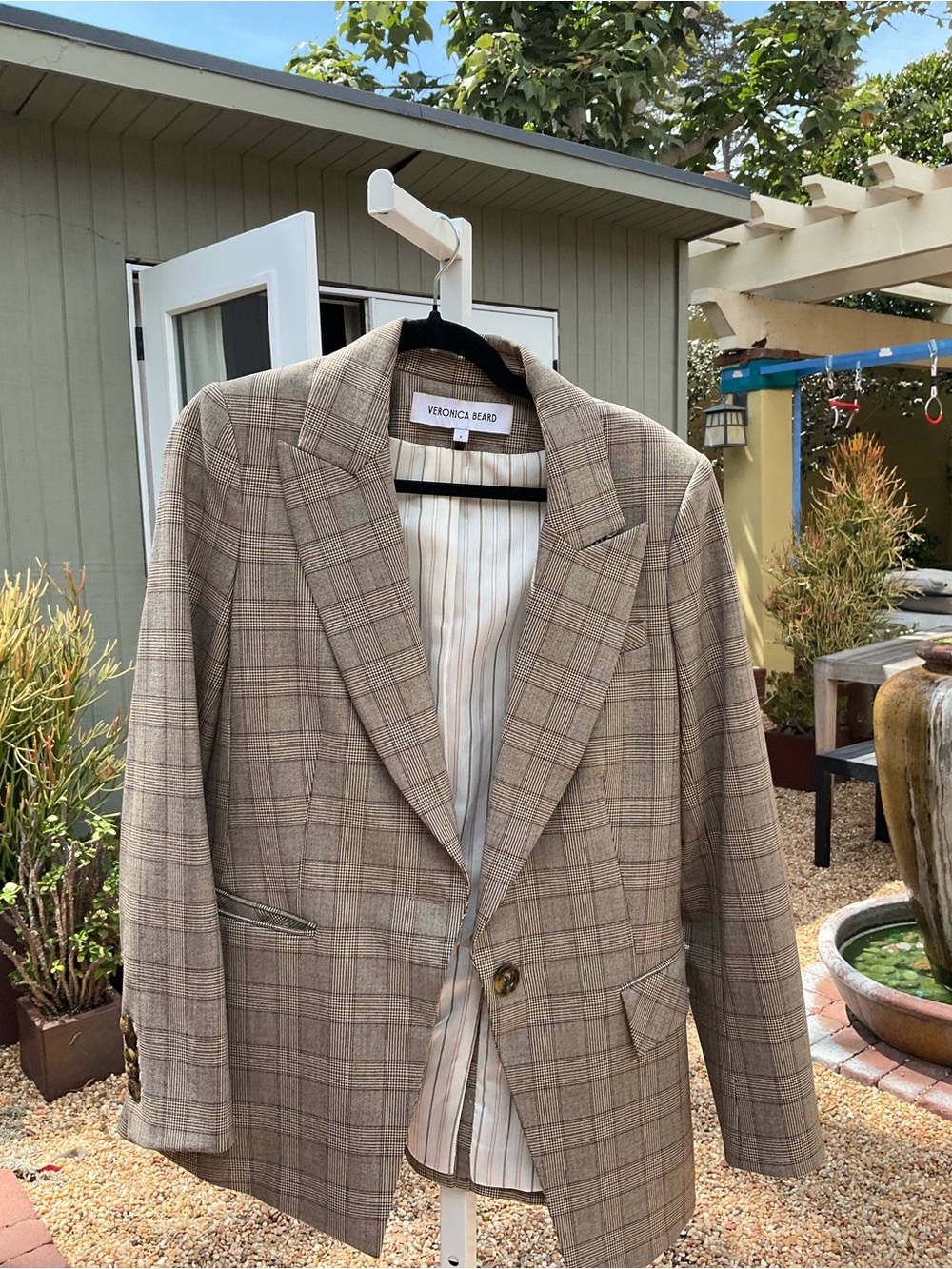 Veronica Beard Tan Plaid Longline Blazer